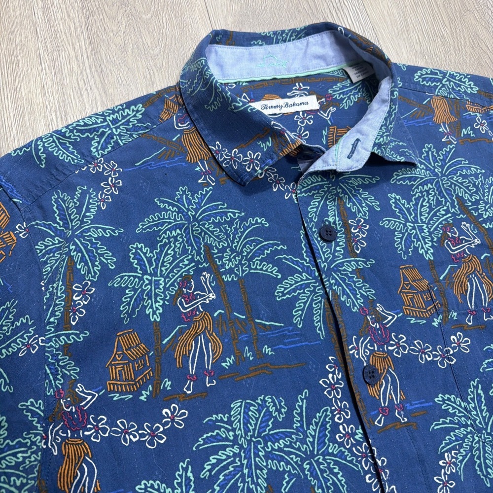 Tommy Bahama 100% Silk Hawaiian Camp Shirt Mens Medium Blue NEON Floral Tropical